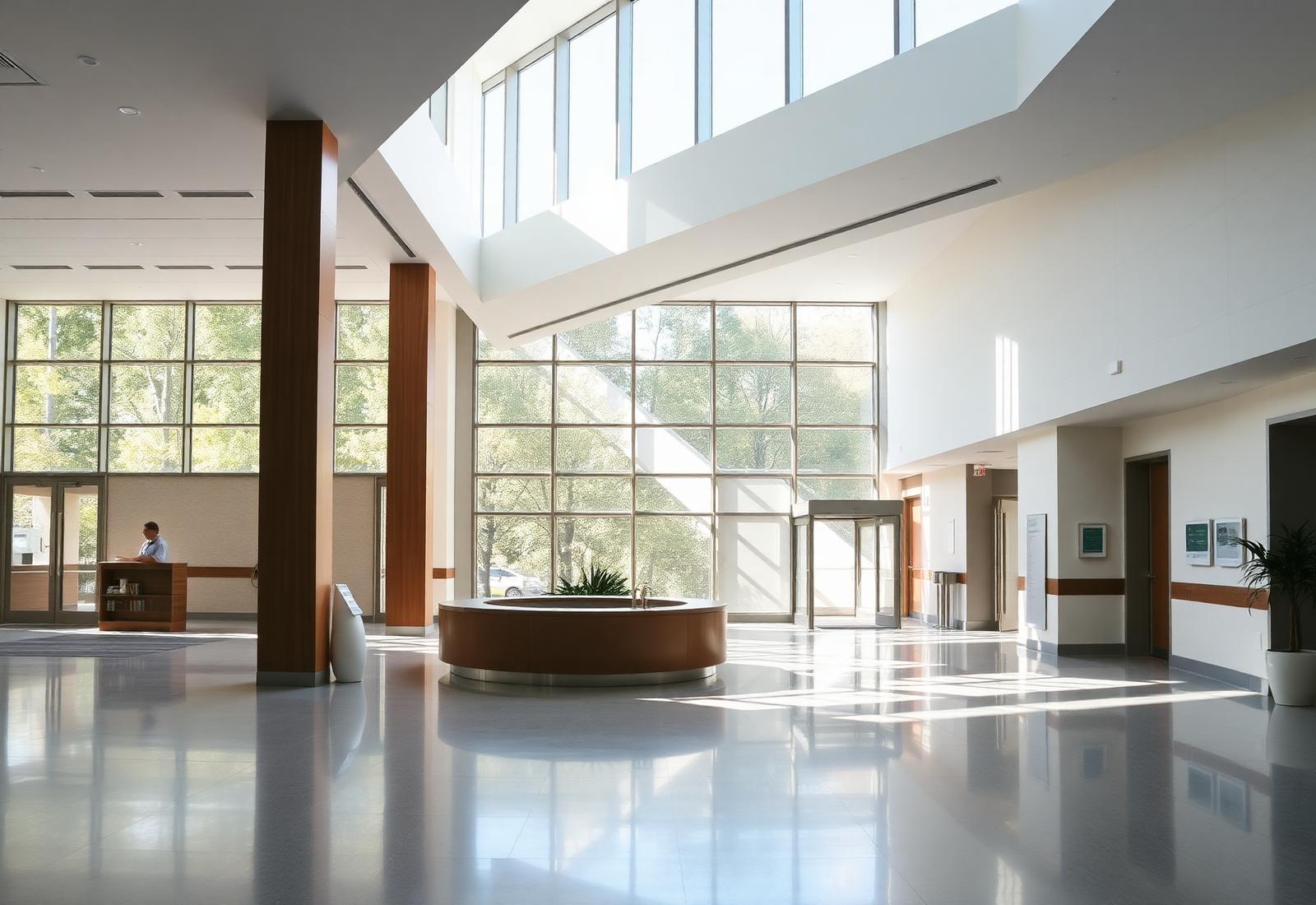 Modern hospital lobby with natural light