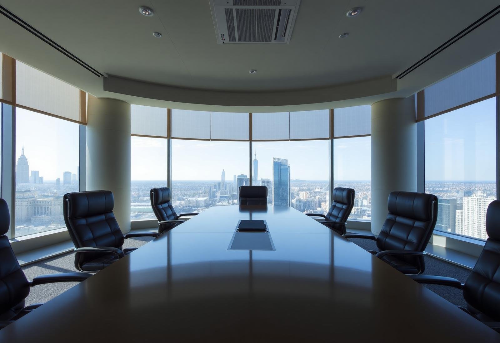 Executive boardroom with city skyline view